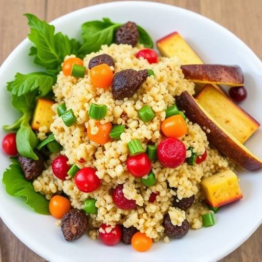 A vibrant quinoa salad with roasted vegetables, including bell peppers, zucchini, and cherry tomatoes
