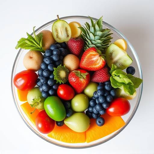 Bowl of colorful, fresh fruits and vegetables.