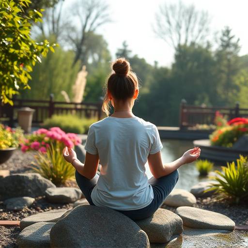 Person meditating in a peaceful garden setting.