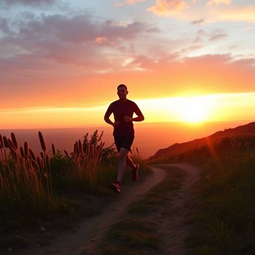 Person running on a scenic trail at sunrise